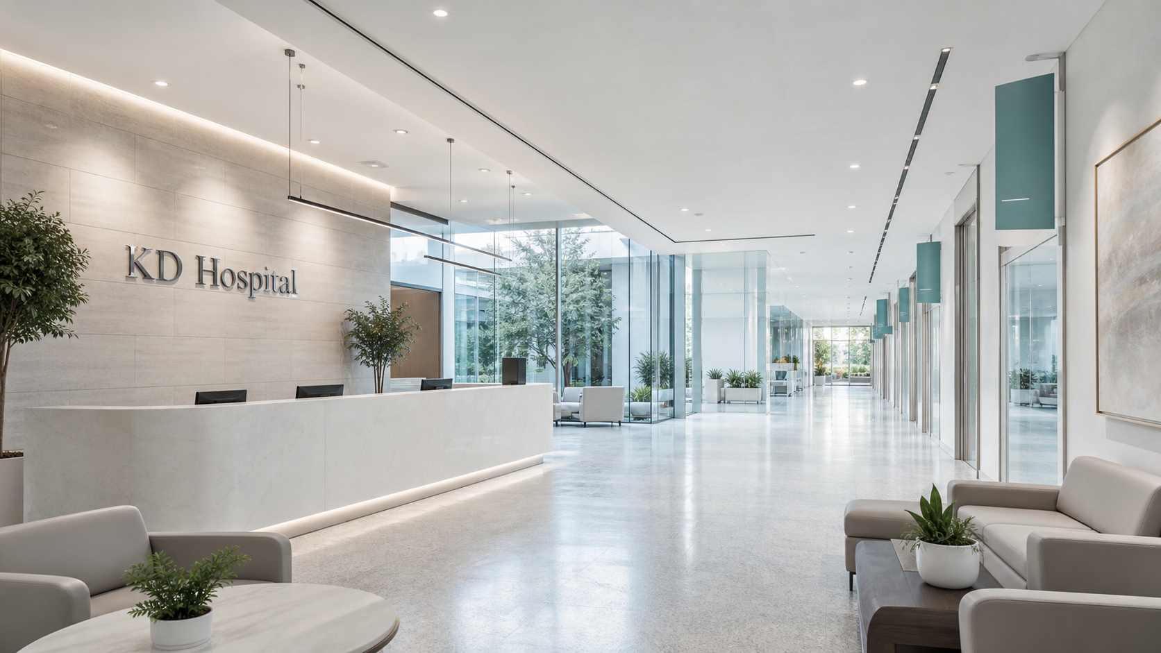A serene modern hospital lobby with Avencia Care signage